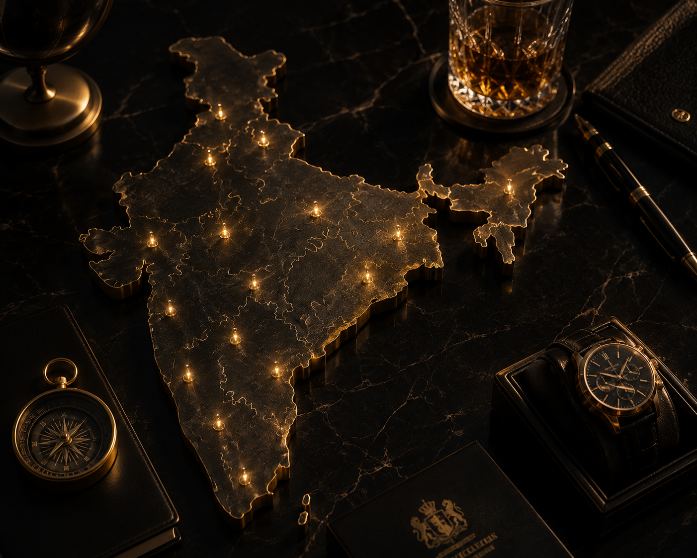 An illuminated map of India marking the cities where Sunday Hundred 1% meets are held