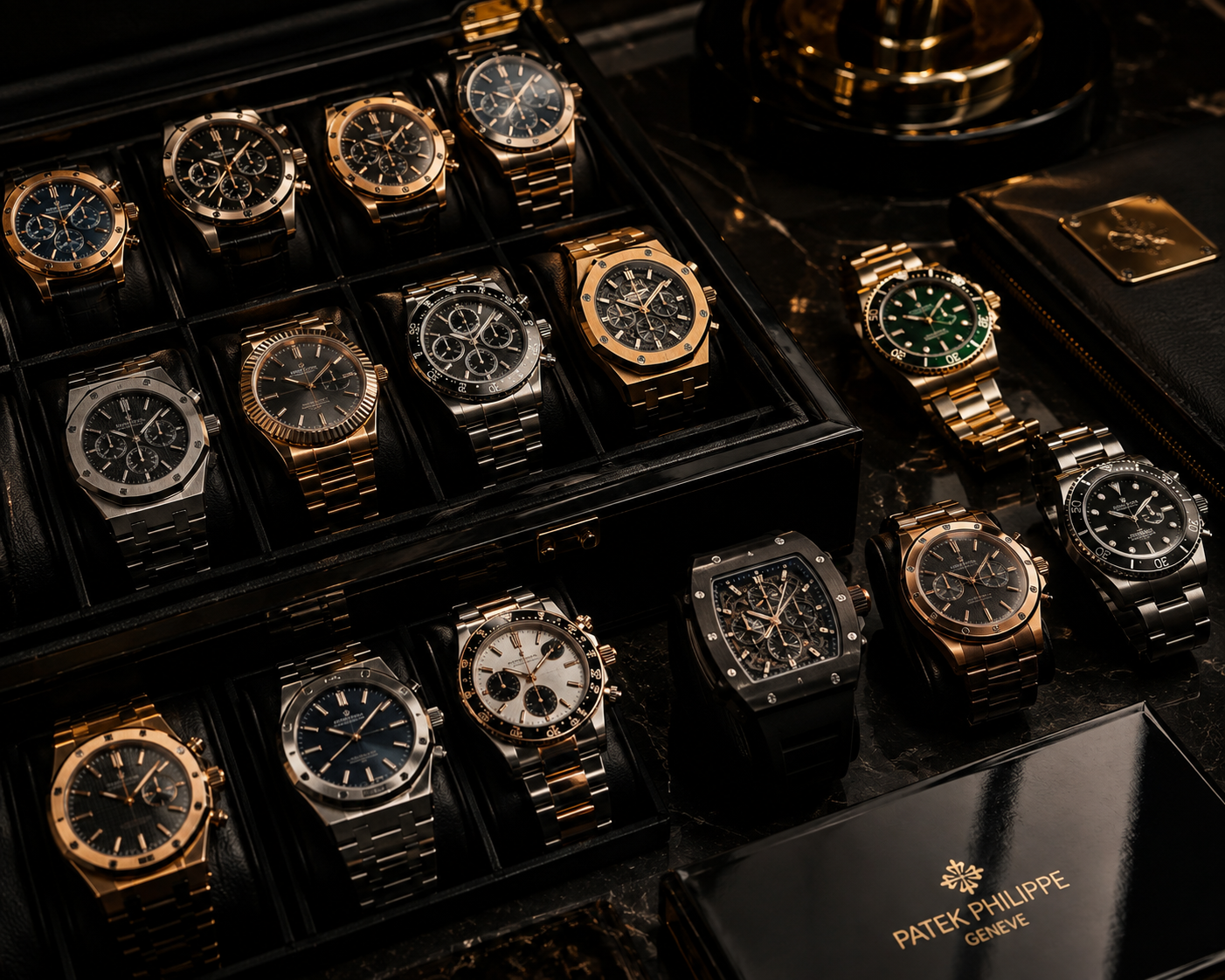 A collector's case of fine mechanical timepieces in gold and steel